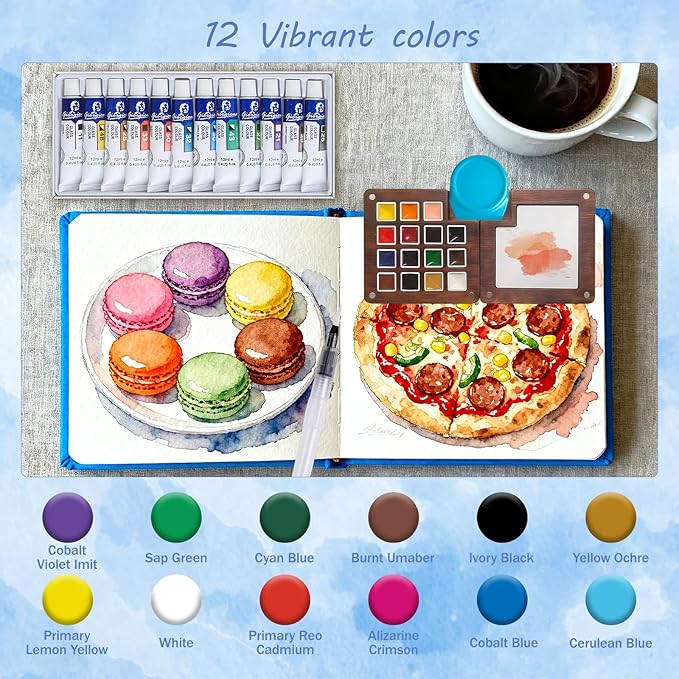 Mini Watercolor Travel Set, 12 Colors Portable Outdoor Art Kit with Walnut Wood 15-Panel Palette, Crossbody Bag, Watercolor Journal, Metal Clip, Water Cup & Brush Ideal for Artists & Beginners
