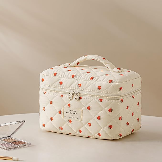 HBselect Quilted Makeup Bag, 3Pcs Cotton Large Travel Makeup Bags Organizer | Cute Floral Make up Bag Cosmetic Bag Toiletry Bag for Women Girls, Makeup Pouch for Skincare, Brushes & Travel Essentials