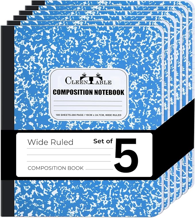 CLEENTABLE Composition Notebook 5 Pack, Wide Ruled Paper, Marble Cover Notebooks for School, 9.75 x 7.5 Inches, 100 Sheets (200 Pages), Sewn Binding Comp Books, Blue