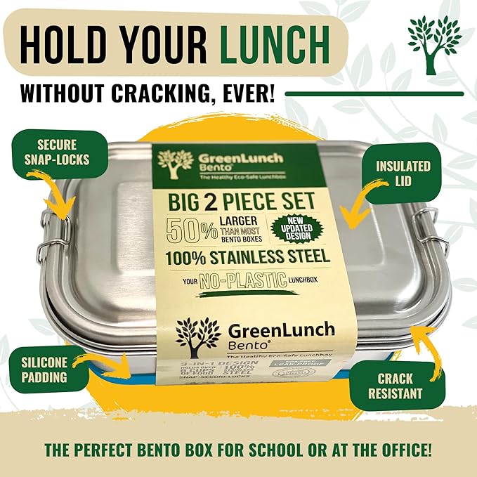 GreenLunch 2-Piece Stainless Steel Bento Box for Adults & Teens | Large 6-Cup BPA-Free Lunch Box with Removable Compartments & Snap Locks | Office, Meal Prep & Travel- Blue