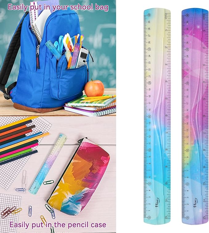 Grevosea 2-Piece Flexible Ruler, 30cm/12inch Plastic Straight Edge Ruler, Soft Bendable for School, Classroom, Office, Kids & Adults