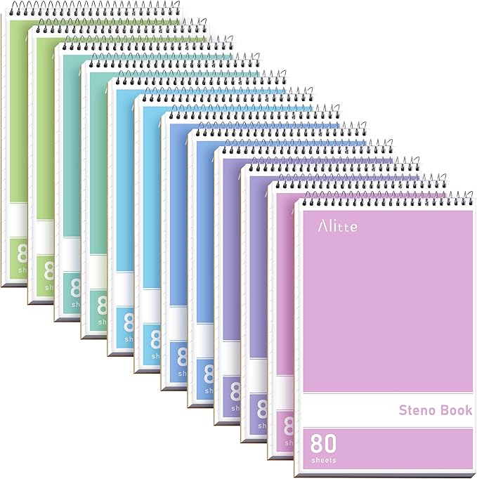 Alitte Steno Pads Spiral 6x9-12 Pack Pastel Colors - Perfect for Work, School, and Home Use, Easy Tear-Off Pages, Gregg ruled, White Paper - No Ink Bleeds - 80 Sheets
