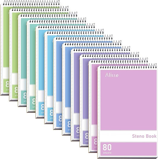 Alitte Steno Pads Spiral 6x9-12 Pack Pastel Colors - Perfect for Work, School, and Home Use, Easy Tear-Off Pages, Gregg ruled, White Paper - No Ink Bleeds - 80 Sheets