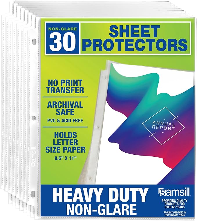 Samsill 30 Pack Heavy Duty Sheet Protectors, Non-Glare, 8.5x11 Inch Page Protectors for 3 Ring Binder, Letter Size Protectors, Reinforced Holes, Non-Glare Document Sleeve, Top Loading, Acid Free