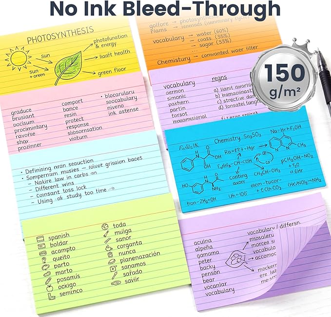 Koogel Index Cards 3x5, 272 Count, Colored Ruled Flash Cards for Studying, 34 Pack of 8, Heavy Weight Lined Notecard Portable Note Taking for Students Teachers School Office Home Supplies, 8 Colors