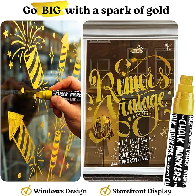 Chalkola 6 Gold Chalk Markers - Dual tip, Fine & Jumbo Tip (1mm, 3mm, 5mm, 15mm) | Erasable Liquid Chalk Pens for Blackboard, Chalkboard Signs, Car Window, Bistro, Glass | Washable Chalkboard Markers