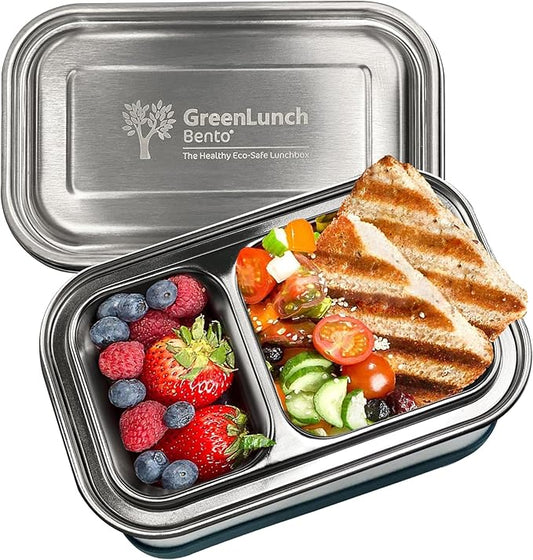 GreenLunch 2-Piece Stainless Steel Bento Box for Adults & Teens | Large 6-Cup BPA-Free Lunch Box with Removable Compartments & Snap Locks | Office, Meal Prep & Travel