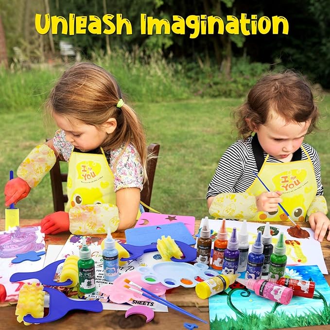 88 PCS Washable Finger Paint Set for Toddlers , 14 Colors Kids Paint Kit with Finger Paint Paper, Brushes, Rolling Tools, Cute EVA Templates, Waterproof Aprons & Palette — Non-Toxic Toddler Painting Set