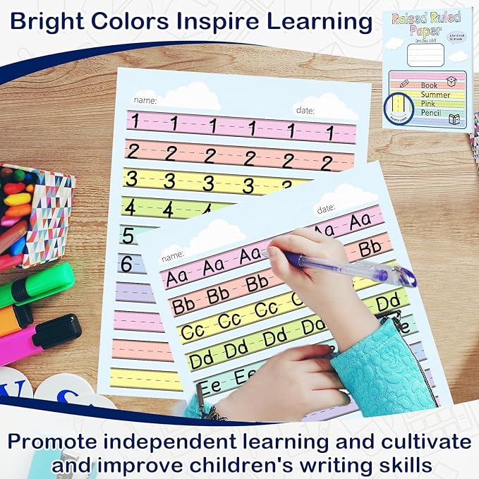 1 Pack 8.5"×11" Raised Lined Writing Paper Pad for Practice 0.65" Spacing Tactile Handwriting Paper Letter Size Multi-Color Write Beginner Paper for Kids ADHD Dysgraphia Kindergarten 30 Sheets/Pad