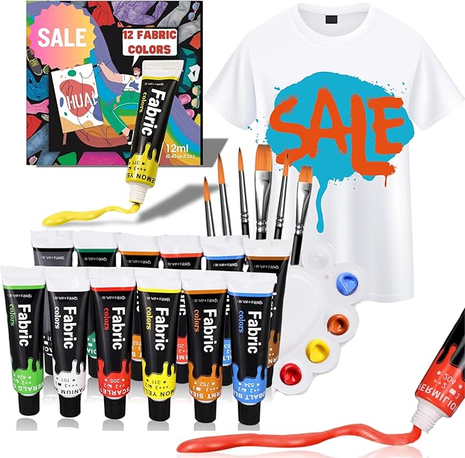 HUAL Fabric Paint Set for Clothes 12 Vibrant Colors Textile Paint with 6 Brushes & Palette Quick-Drying, Non-Toxic Fabric Paint Kit for T-Shirts, Shoes, Canvas, DIY Art & Crafts Premium Gift Box