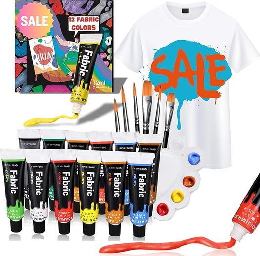 HUAL Fabric Paint Set for Clothes 12 Vibrant Colors Textile Paint with 6 Brushes & Palette Quick-Drying, Non-Toxic Fabric Paint Kit for T-Shirts, Shoes, Canvas, DIY Art & Crafts Premium Gift Box