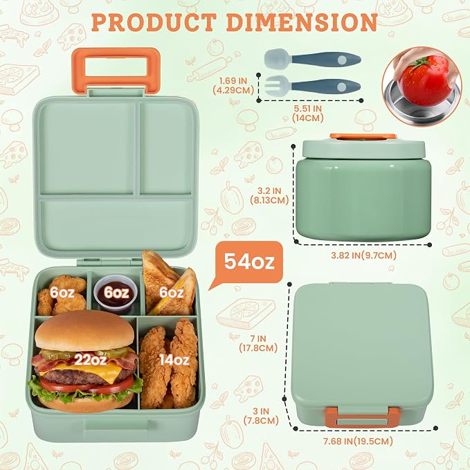 MAISON HUIS Bento Lunch Box with 8oz Soup Thermo, 5-Compartment Leak-Proof Container, Thermo Hot Food Jar and Insulated Lunch Bag, BPA Free,Travel, School (Light green)