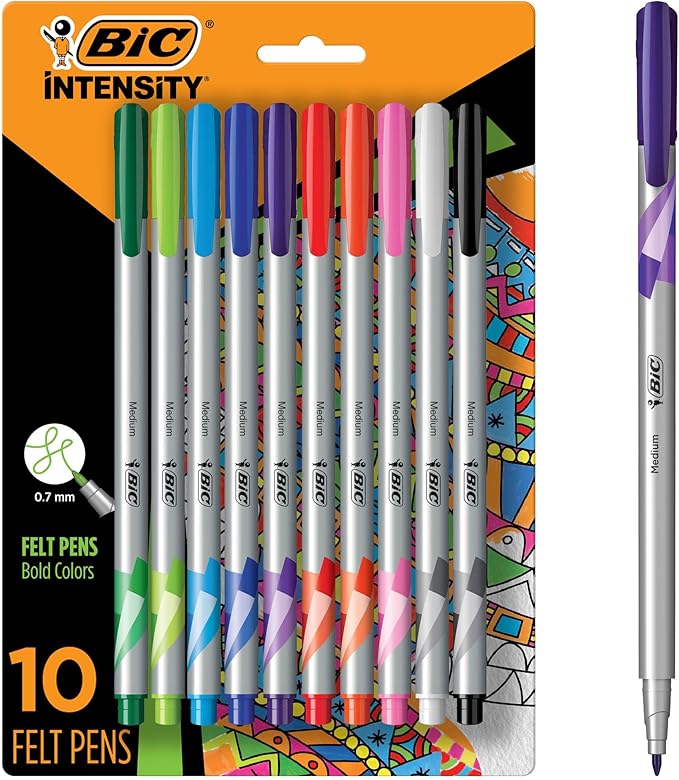 BIC Intensity Fineliner Marker Pens, Medium Point (0.7mm), Assorted Colors, Smooth Application, 10-Count