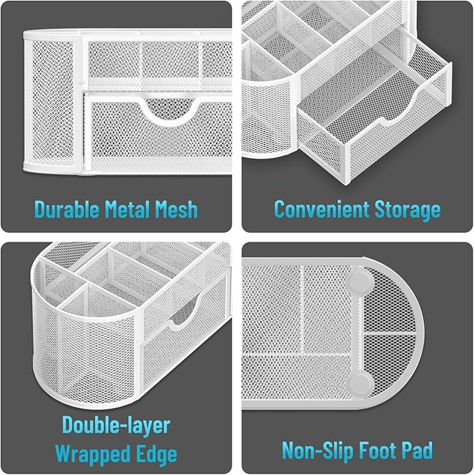 SUPEASY Mesh Desk Organizer, Desk Accessories & Workspace Organizers with Drawers, Pencil Holder for Desk with 9 Compartments for Office Supplies, School, Classroom, 8.6 x 4.3 x 4.1 Inch, White