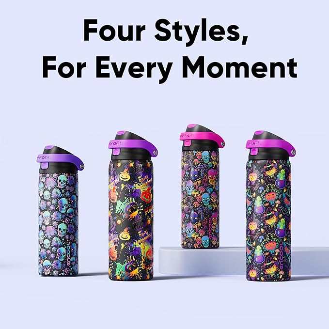 Encool SwiftSip Insulated Stainless Steel Water Bottle with Straw - Leak Proof Sports Water Bottle for School, Travel, Keeps Cold All Day, One-Touch Flip Lid, BPA-Free, 32 oz, Trippy Skulls