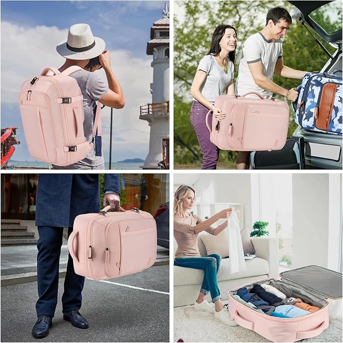Lumesner Carry on Travel Backpacks, Extra Large 40L Flight Approved Bag for Men & Women,Expandable Suitcase Backpack With 4 Packing Cubes,Water Resistant Luggage Daypack Business Weekender Bag, Pink