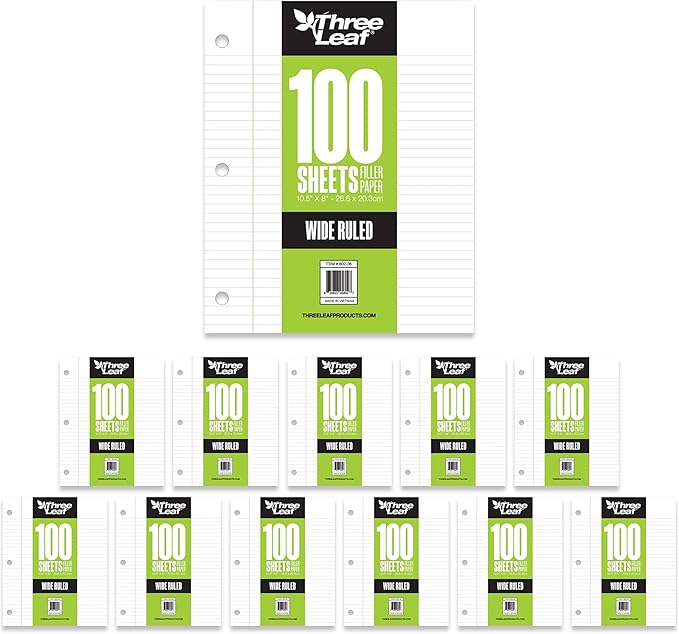 THREE LEAF 100 SHEETS WIDE RULED FILLER PAPER, PACK OF 12, LOOSE-LEAF SHEETS FOR SCHOOL AND OFFICE 100 CT. FILLER PAPER, NOTEBOOK PAPER