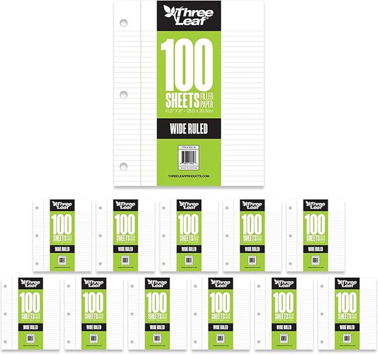 THREE LEAF 100 SHEETS WIDE RULED FILLER PAPER, PACK OF 12, LOOSE-LEAF SHEETS FOR SCHOOL AND OFFICE 100 CT. FILLER PAPER, NOTEBOOK PAPER