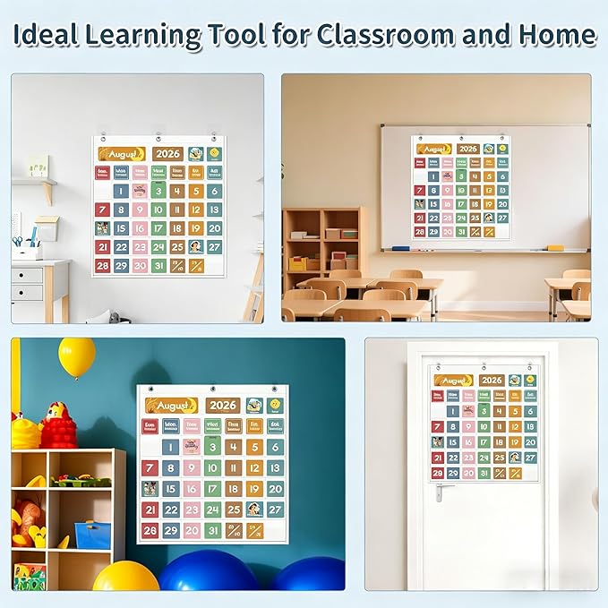 46 Pockets Classroom Calendar Pocket Chart with 77 Cards, Daily Monthly Learning Calendar for Circle Time Weather Seasons, Preschool Kindergarten Homeschool Must Have, Teacher Essential Supplies White