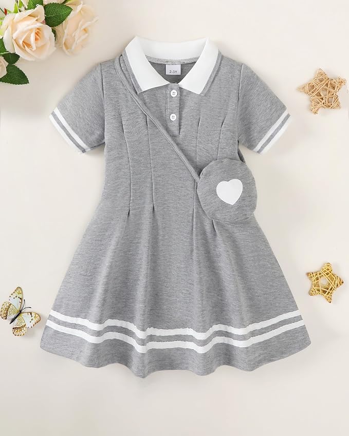 Renotemy Infant Baby Girl Dress Toddler Girls Summer Clothes School Outfits Cotton Short Sleeve Polo Dresses with Bag 12M-5T