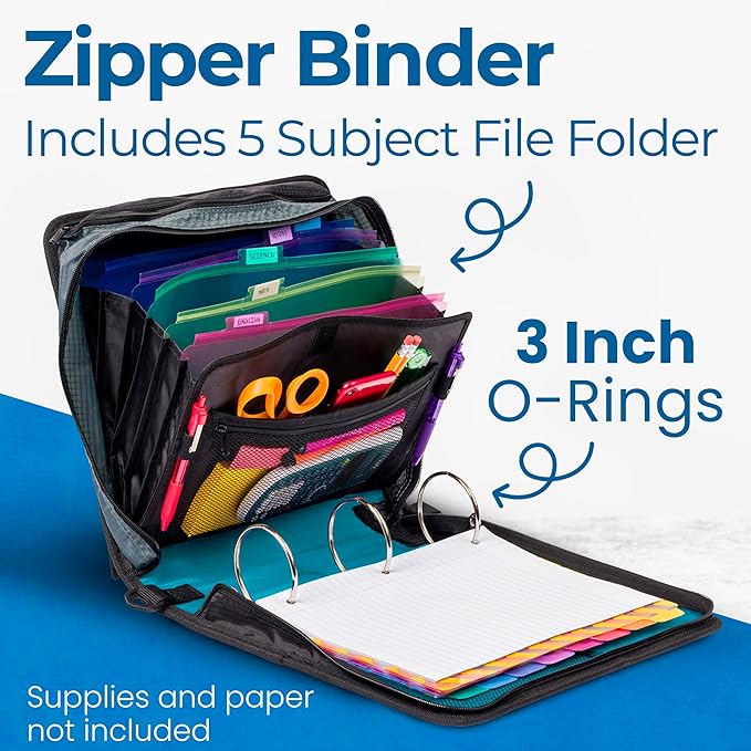 Case-it Mighty Zip Tab School Zipper Binder | 3-Inch O-Rings, 600-Sheet Capacity, 5-Subject Expanding File Folder, Multiple Pockets & Storage Organizer, Shoulder Strap | D-146 Aqua Marine
