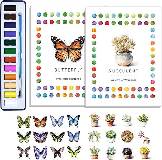 CraftyManor 2Pcs Watercolor Workbook Creative Water Color Paint Book Set with Paints & Brush, 12 Patterns of Original DIY Designs, Beginner-Friendly Adult Coloring Books (Butterfly & Succulent)