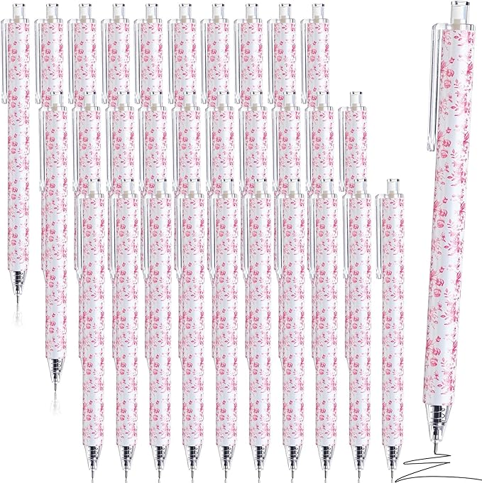 Resurhang 30 Pcs Pink and White Floral Ballpoint Pens 0.5 mm Black Ink Chinoiserie Gel Pens Vintage Aesthetic Retractable Ballpoint Office School Supplies for Bridal Baby Shower Wedding