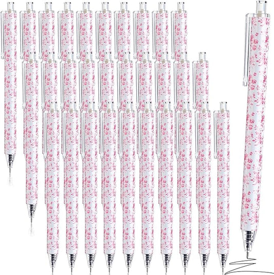 Resurhang 30 Pcs Pink and White Floral Ballpoint Pens 0.5 mm Black Ink Chinoiserie Gel Pens Vintage Aesthetic Retractable Ballpoint Office School Supplies for Bridal Baby Shower Wedding