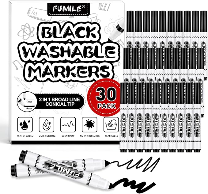 FUMILE 30 Pcs Black Washable Markers Bulk, Markers for Kids,Broad Line Conical Tip Coloring Marker Bulk for Student,Back to School Supplies, Teacher Classroom Must Haves & Essentials