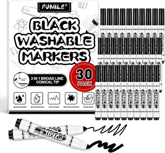 FUMILE 30 Pcs Black Washable Markers Bulk, Markers for Kids,Broad Line Conical Tip Coloring Marker Bulk for Student,Back to School Supplies, Teacher Classroom Must Haves & Essentials