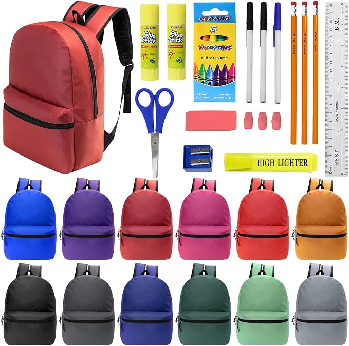 Moda West 17 Inch Bulk Backpacks with 22 Piece School Supplies Kits - Pens, Pencils, Crayons - Case of 12 Wholesale Backpacks in 12 Assorted Colors