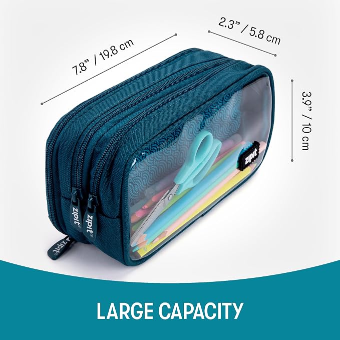 ZIPIT Half & Half Pencil Case, 3-Compartment Aesthetic Zipper Pouch, Teal | Clear-front pencil case for school, dedicated organizer panels, holds up to 70 pens & pencils, durable easy-care polyester