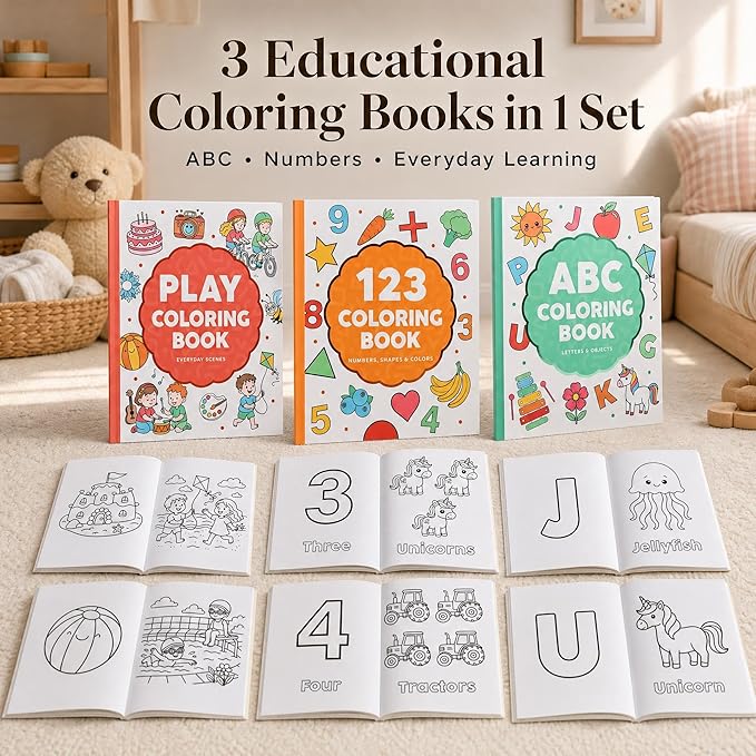 ZICOTO Fun Coloring Book for Kids - Set of 3 Cute Toddler Coloring Books with Big Simple Designs - Educational Activity Book with Themes for Alphabet, Numbers, Colors and Shapes for Boys and Girls