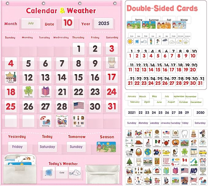 Interactive Calendar for Kids - Learning Calendar Wall Chart with Daily Weather, Seasons for Toddlers Preschool - Homeschool Classroom Must Haves Supplies for Circle Time Morning Board (Pink)