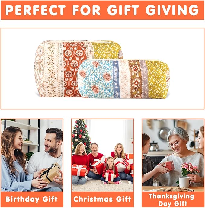URSKYTOUS 2Pcs Floral Makeup Bag for Women Cotton Quilted Coquette Cosmetic Bag Cute Zipper Mixed Flower Makeup Pouch Aesthetic Portable Pencil Pouch Travel Toiletry Bag Trendy Cloth Skincare Bag