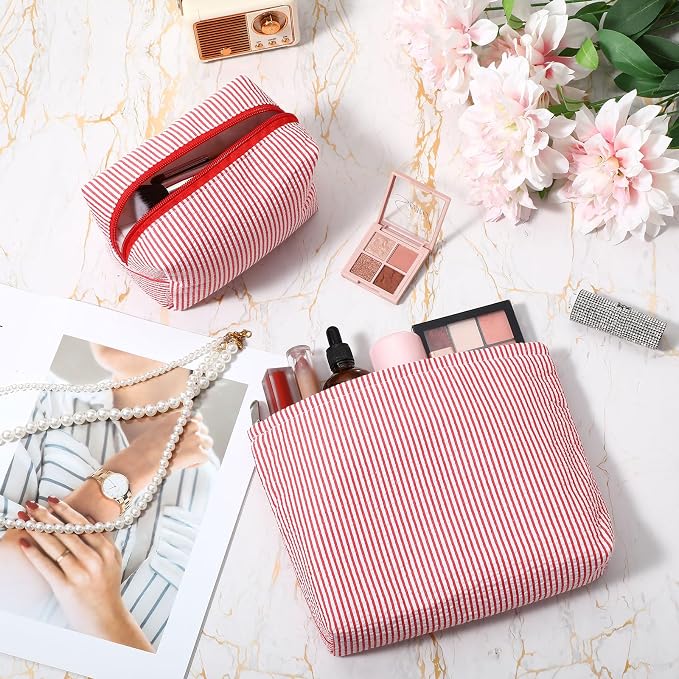 Huhumy 2 Pcs Makeup Bag Set for Women, Red, Thin Striped Seersucker | Cute Cosmetic Pouch Women Travel Toiletry Bag Preppy Small Makeup Purse Pouch Aesthetic Skincare Brushes Storage Organizer