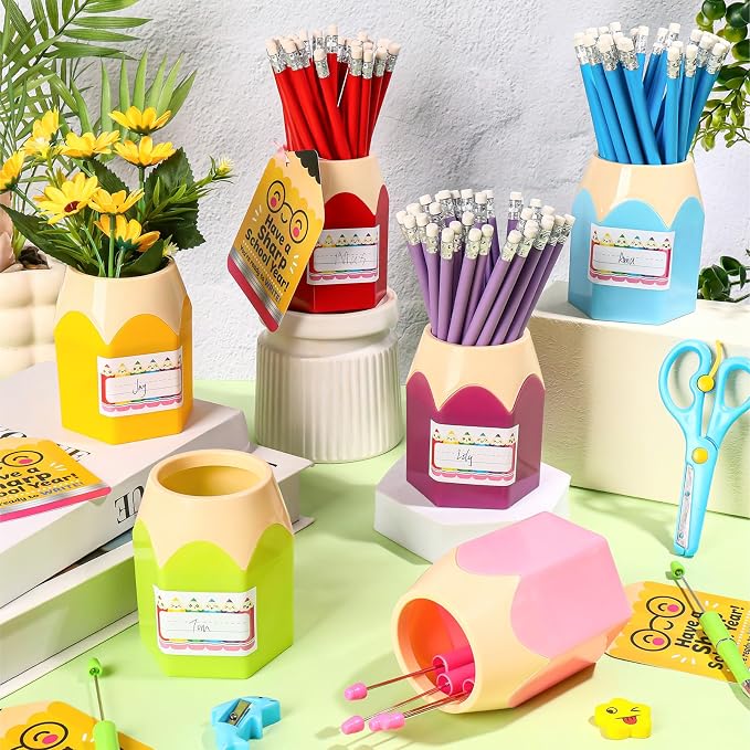 6 Pack Colorful Back to School Pencil Holders for Teacher Classroom Decor | Colorful Back to School Pencil Holders with Name Stickers, Perfect for Teacher Classroom Decor and Desk Organization