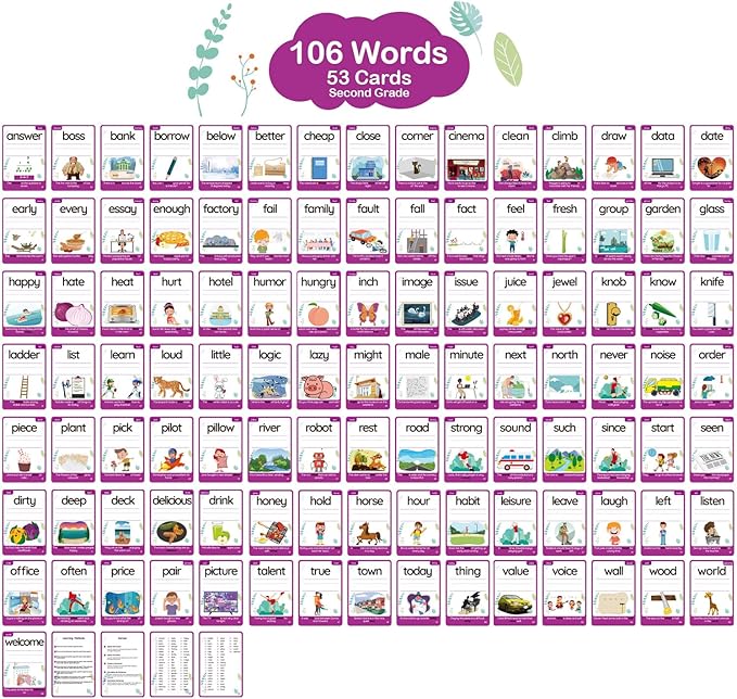 WJPC 55 Cards, 106PCS High Frequency Sight Words Flash Cards (Second-Grade), 1st, 2nd, 3rd Grade, 7,8,910,11 Years Ages Kids Boys Girls for Reading, Write, Association, Sentence Making