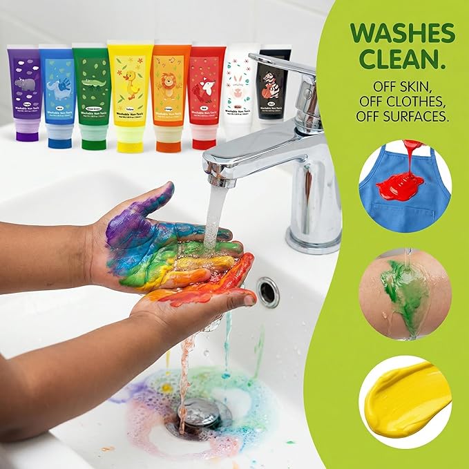 Washable Finger Paint with a Sponge Head, 8 Colors (1.69fl oz/Tube) Non-Toxic, Toddler Painting Set for Kids Boys Girls Gifts, Hand-Painted DIY, Ages 1-3 4 5 6+