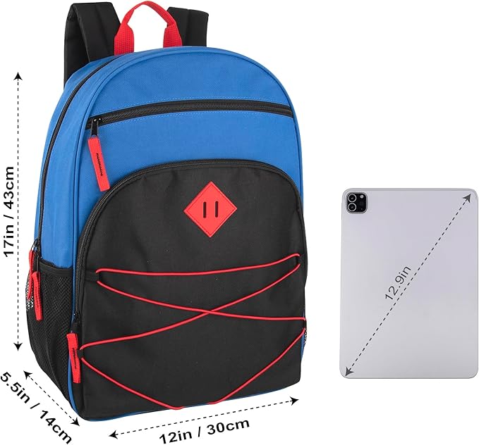 Summit Ridge Backpacks with Bungee Cord Front | 17” Multi Pocket Backpack for Adults, College, Travel (Blue/Black)
