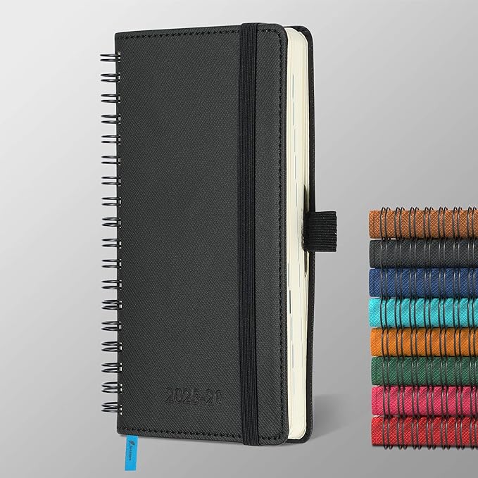 Planner 2025-2026 Daily Weekly and Monthly,6.5"x3.75",18 Months Spiral Bound Calendar Agenda with Self-adhesive Pen Holder,2026 Academic Plan with Vegan Leather Soft Cover,Black
