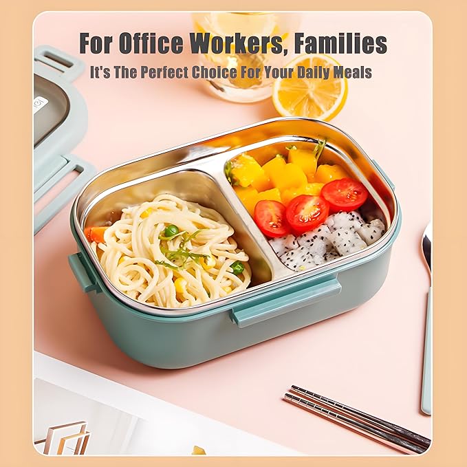 Stainless Steel Lunch Box, 2 Compartment Bento Box for Adults, Easy to Clean, Leak-Proof Design, Food Storage Container with Tableware for Family, Work, Picnics and Travel(850ml, Green)