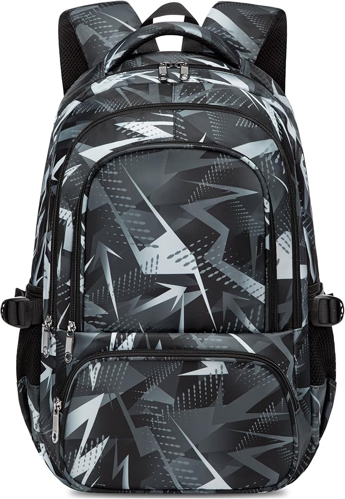 BLUEFAIRY Kids School Backpack for Boys Girls Ages 6-8 8-10 10-12 Elementary Middle School Book Bags with Laptop Compartment Mochilas Escolares para Niños Niñas de 8 10 12 Años (Black, Geometric)