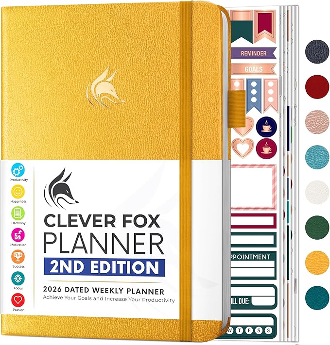 Clever Fox Planner 2nd Edition Dated Jan 2026-Jan 2027 – Colorful Weekly & Monthly Goal Setting Planner, Habit Trackers, Time Management and Productivity Organizer, Gratitude Journal, A5, Amber Yellow