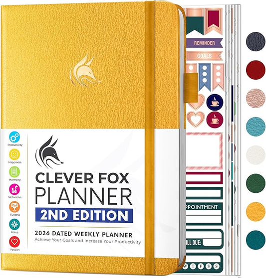 Clever Fox Planner 2nd Edition Dated Jan 2026-Jan 2027 – Colorful Weekly & Monthly Goal Setting Planner, Habit Trackers, Time Management and Productivity Organizer, Gratitude Journal, A5, Amber Yellow