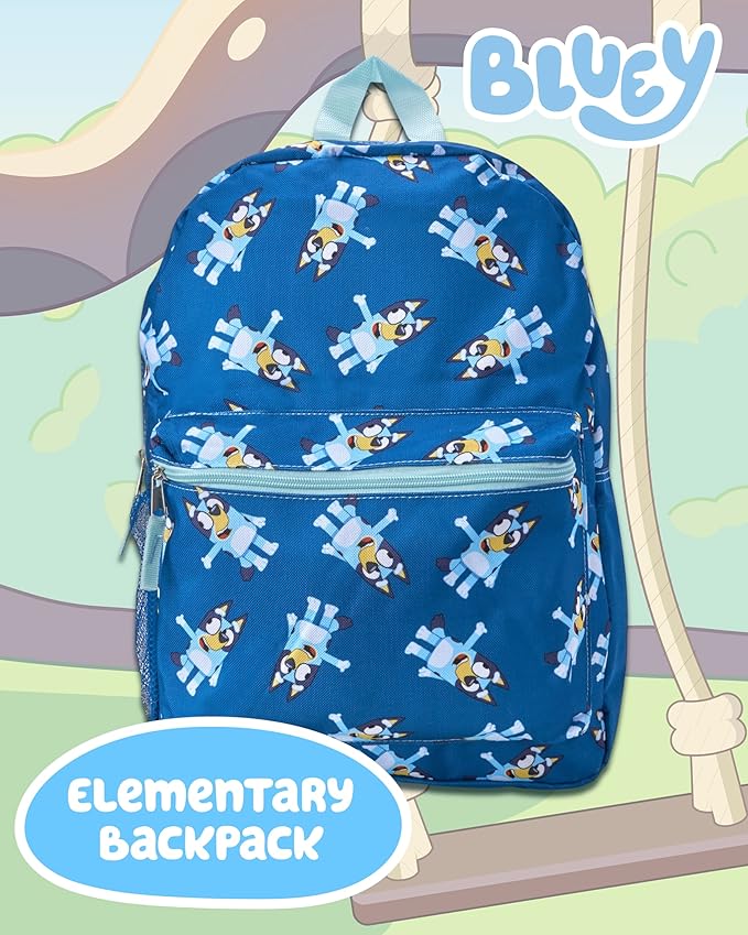 Fast Forward Bluey Kids Backpack - 16 Inch Bookbag Elementary Backpack for School Girls & Boys with Adjustable Padded Straps, Bluey Blue/Aop
