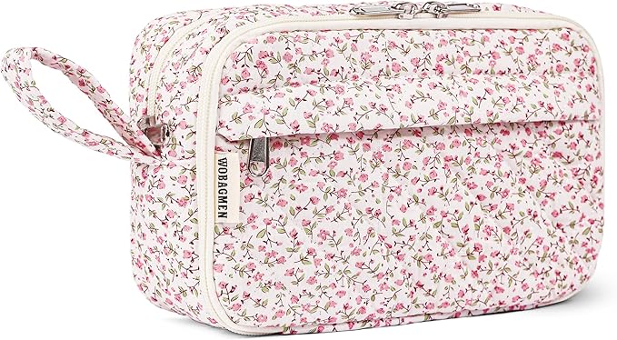 WOBAGMEN Quilted Pencil Pouch for Girls Women, Large Pencil Case Pouch with Compartments Cute Aesthetic Pencil Case Organizer, Floral Pencil Bag for School Supplies (pink floral)