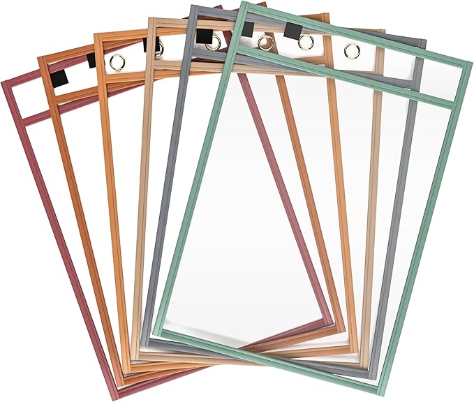 Scribbledo Boho Color Dry Erase Pockets, 6 Pack Reusable Dry Erase Sleeves with Marker Holder Colorful Dry Erase Pocket Sleeves for School Classroom Bohemian Colors Sheet Protectors Ticket Holders