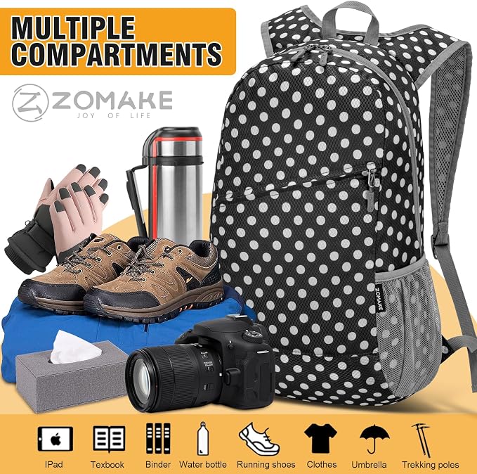 ZOMAKE Lightweight Packable Backpack 20L, Foldable Small Daypack for Hiking | Water Resistant Backpacks Day Bag for Travel Outdoor Camping Sport, Everyday Carry, Multiple Pockets(Black, White Polka Dot)