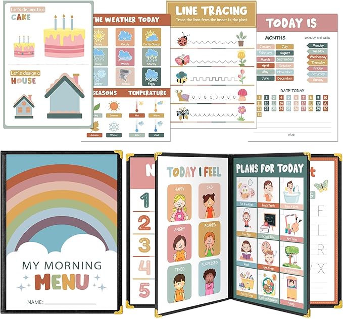 Fuyoooo Homeschool Morning Menu Kit for Preschool Learning – 16 Educational Posters & 2 Menu Covers for Toddlers and Kids, Daily Learning Activities for Homeschool Classroom(Morandi Color)